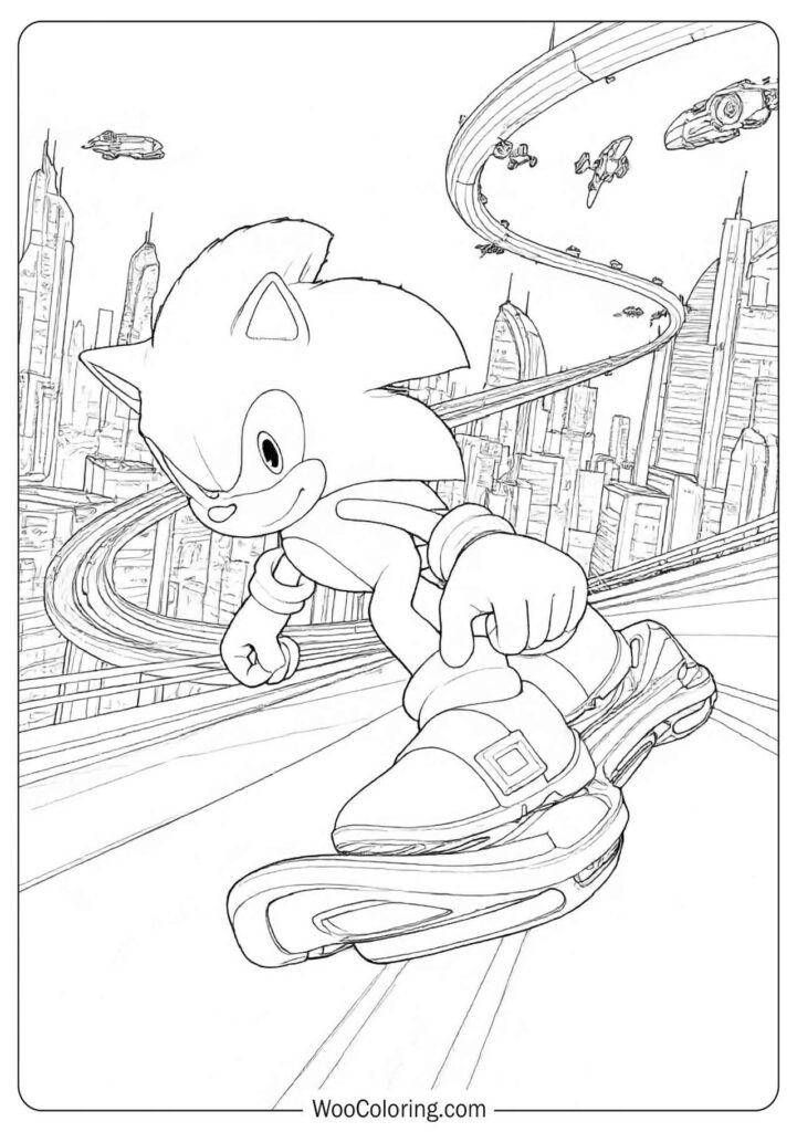 Sonic Riders Hoverboard Coloring Page filled with sci-fi energy and dramatic motion blur
