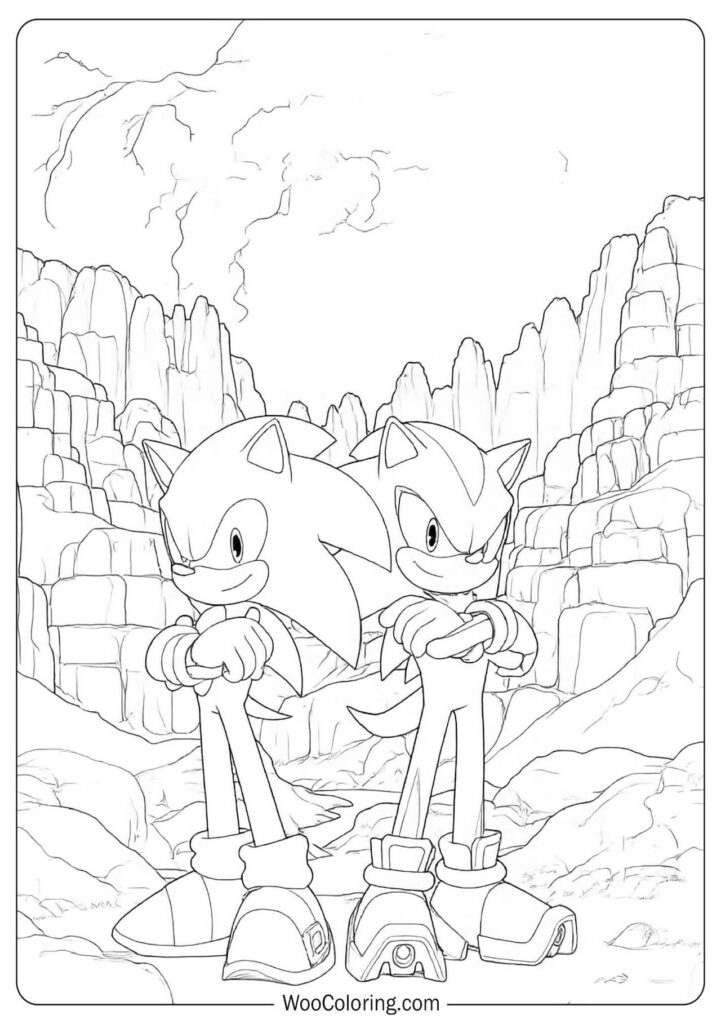 Sonic Rivals Race Coloring Sheet with Sonic and Shadow in a high-speed showdown under sunset skies