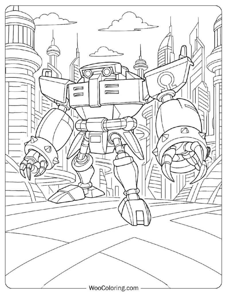 Sonic Robot in a Futuristic City Coloring Page