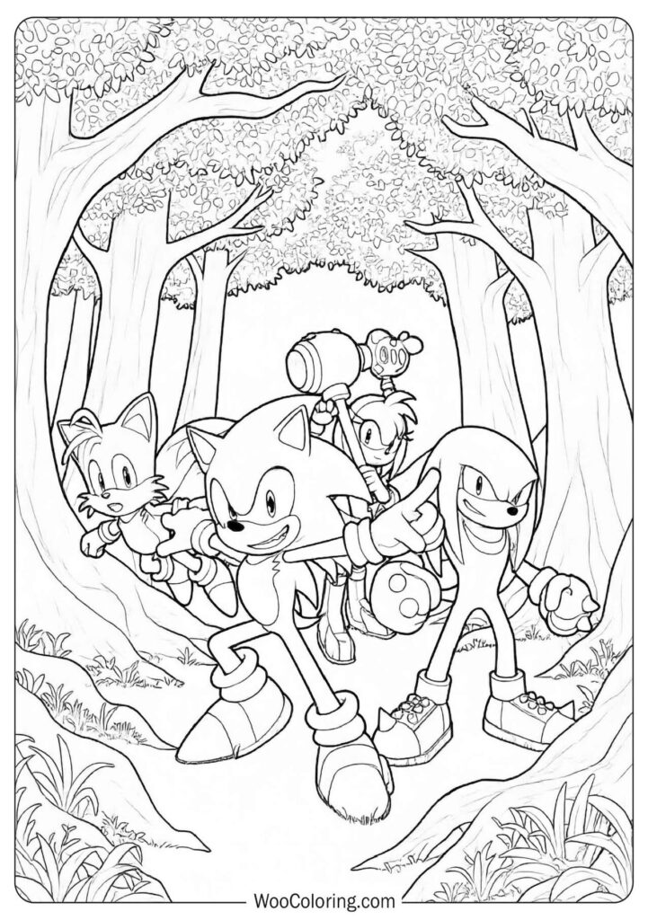 Sonic and Friends Adventure Team Coloring Page with the whole crew in a bright, action-filled scene