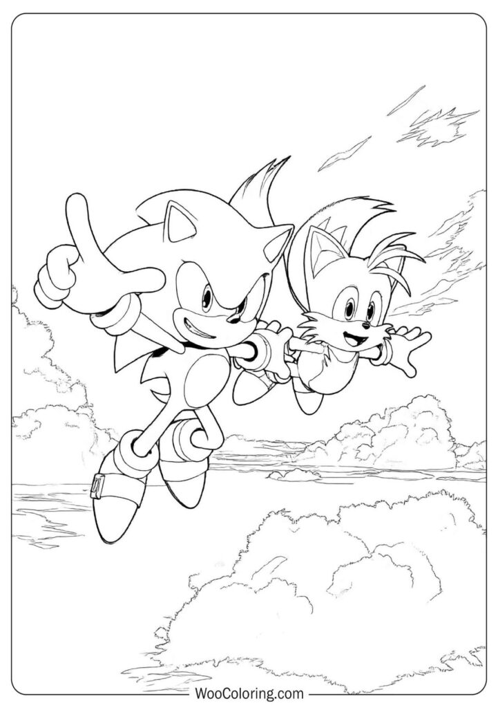 Sonic and Tails Adventure Coloring Sheet for Preschoolers featuring playful motion and expressive characters