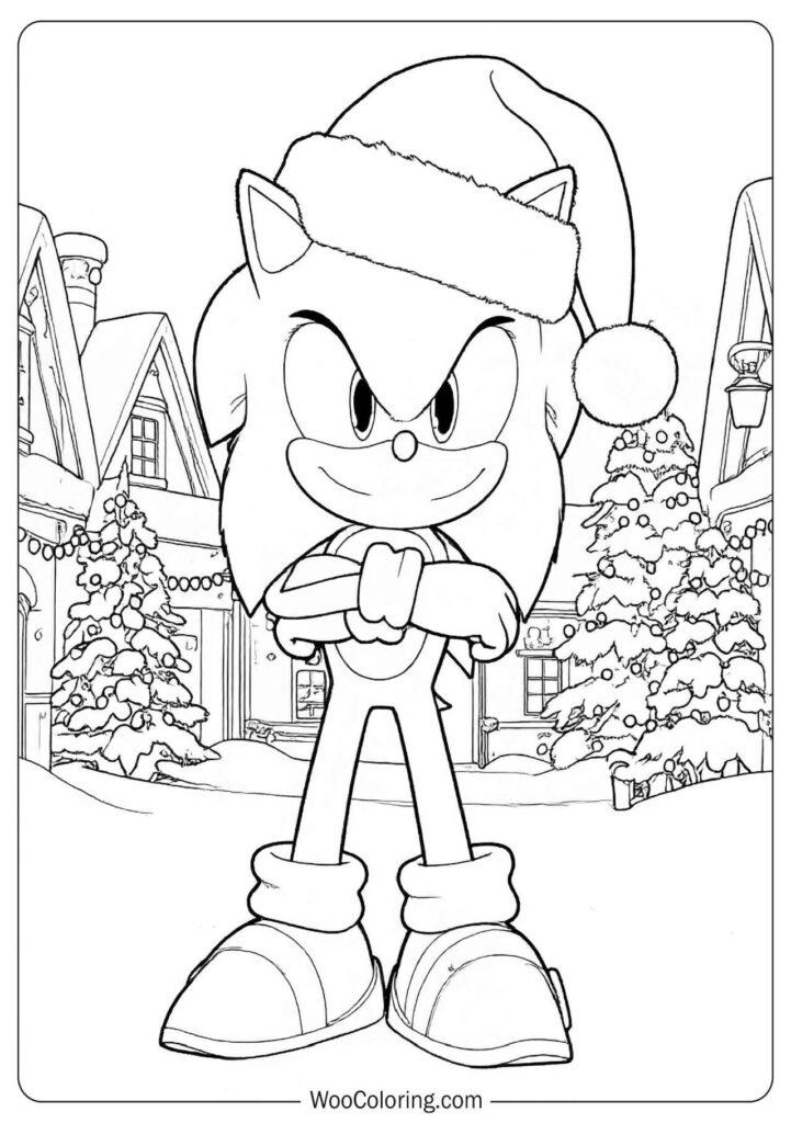Sonic the Hedgehog Christmas Coloring Page Featuring a Festive Winter Village
