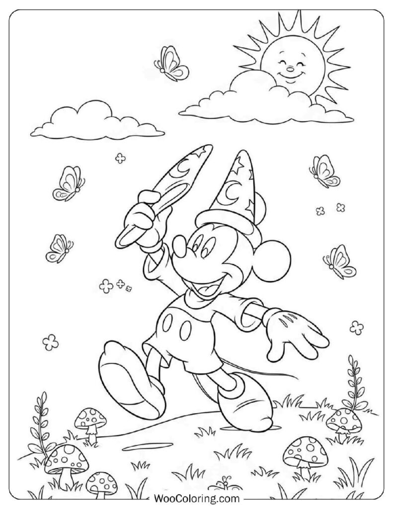 Sorcerer Hat Mickey in a Happy Spring Scene Picture to Color