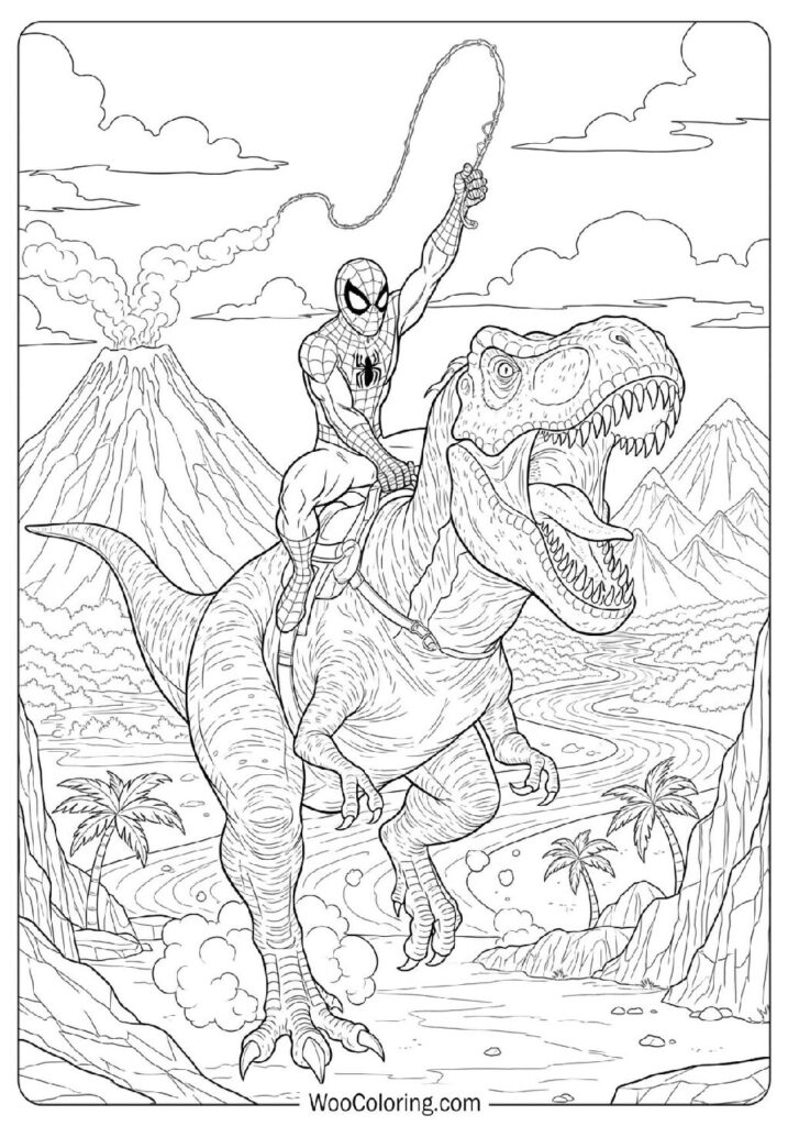 Spiderman Dinosaur Riding on a Roaring Dinosaur in a Wild Adventurous Landscape