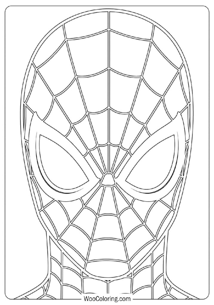 Spiderman Face Close Up With Detailed Web Pattern and Expressive Eyes Coloring Page for Kids