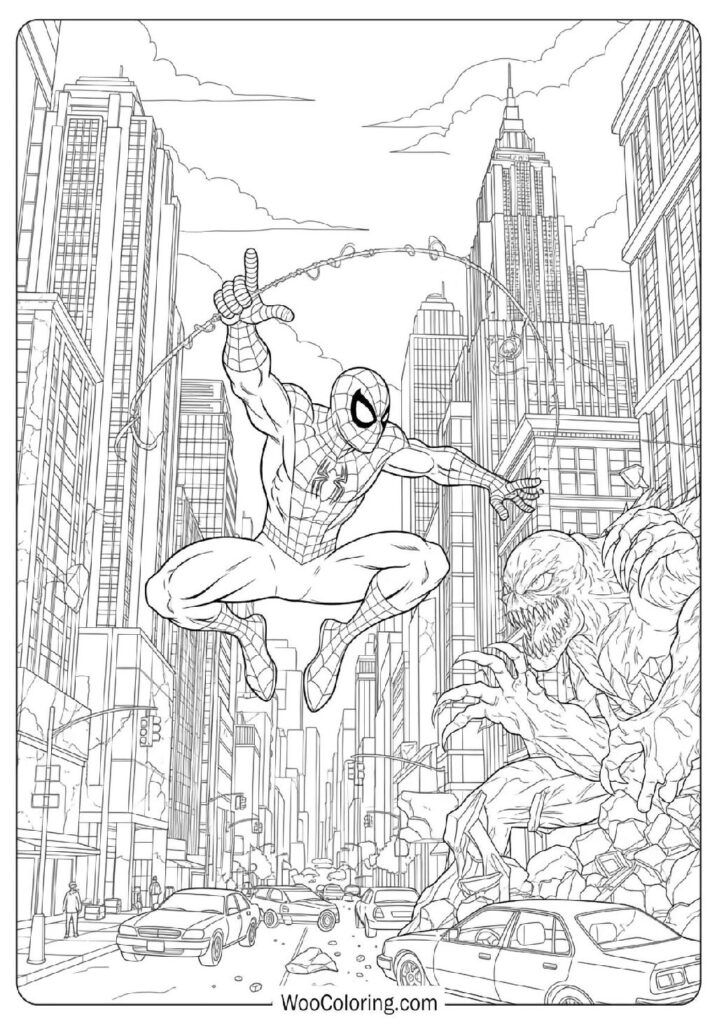 Spiderman Fighting Bravely Against a Powerful Enemy in the Middle of the City