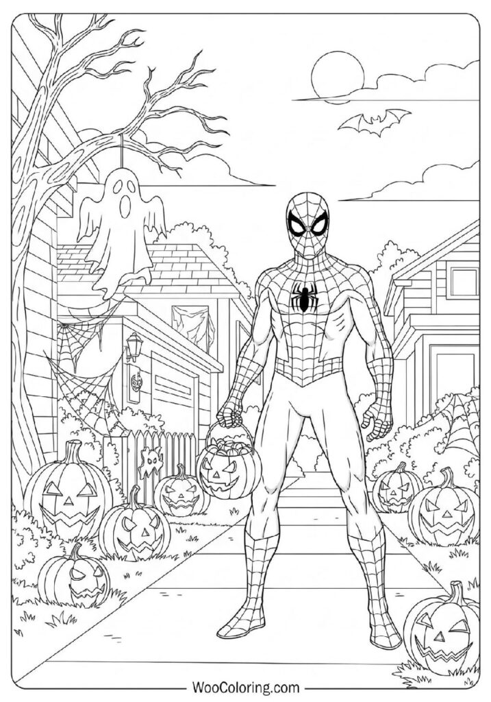 Spiderman Halloween Trick or Treating With Pumpkins and Spooky Decorations