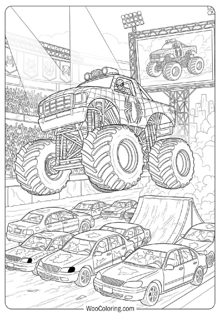 Spiderman Monster Truck Jumping Over Cars at an Exciting Arena Show