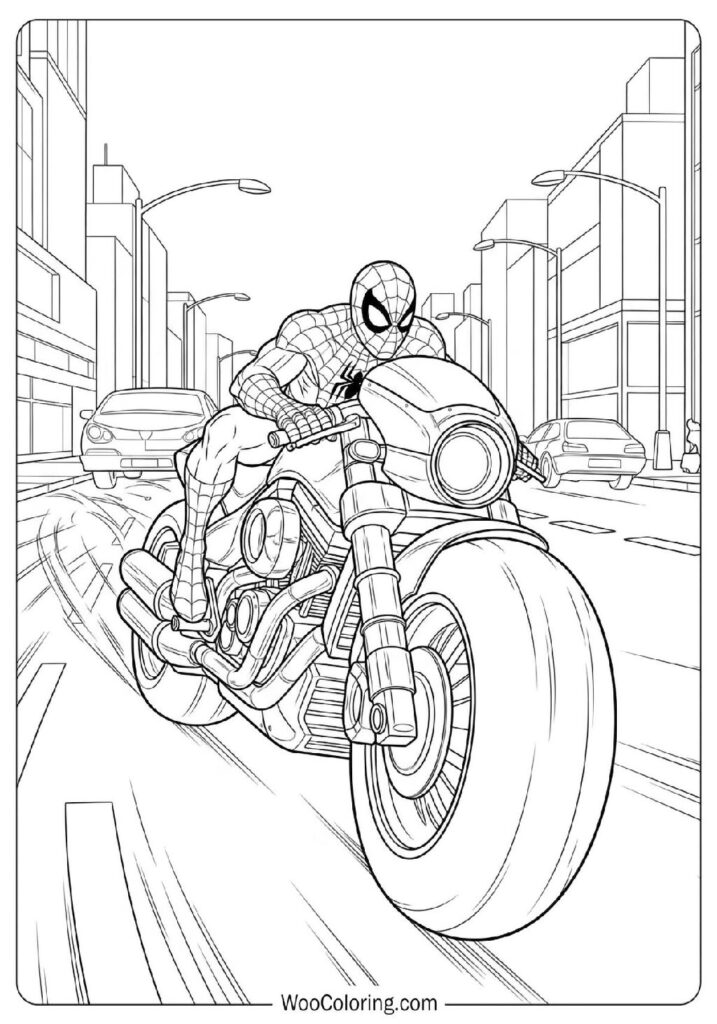 Spiderman Motorcycle Racing Down the Street on a Fast Powerful Bike Picture to Color