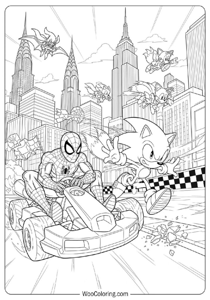 Spiderman Sonic Racing Together in an Action Filled City Scene Coloring Page