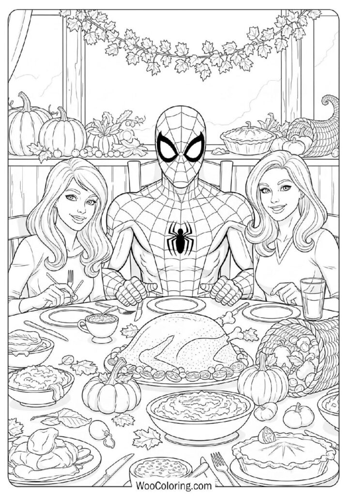 Spiderman Thanksgiving Enjoying a Festive Meal With Family and Autumn Decorations Coloring Page
