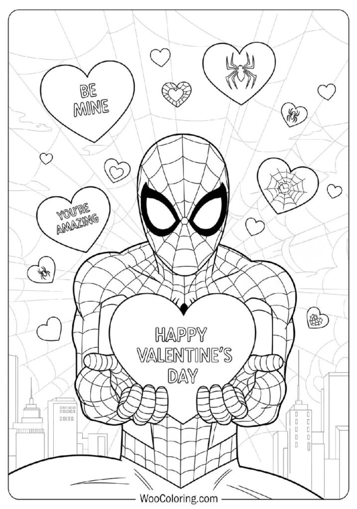 Spiderman Valentines Sharing Hearts and Friendly Messages in a Sweet Hero Scene Coloring Picture