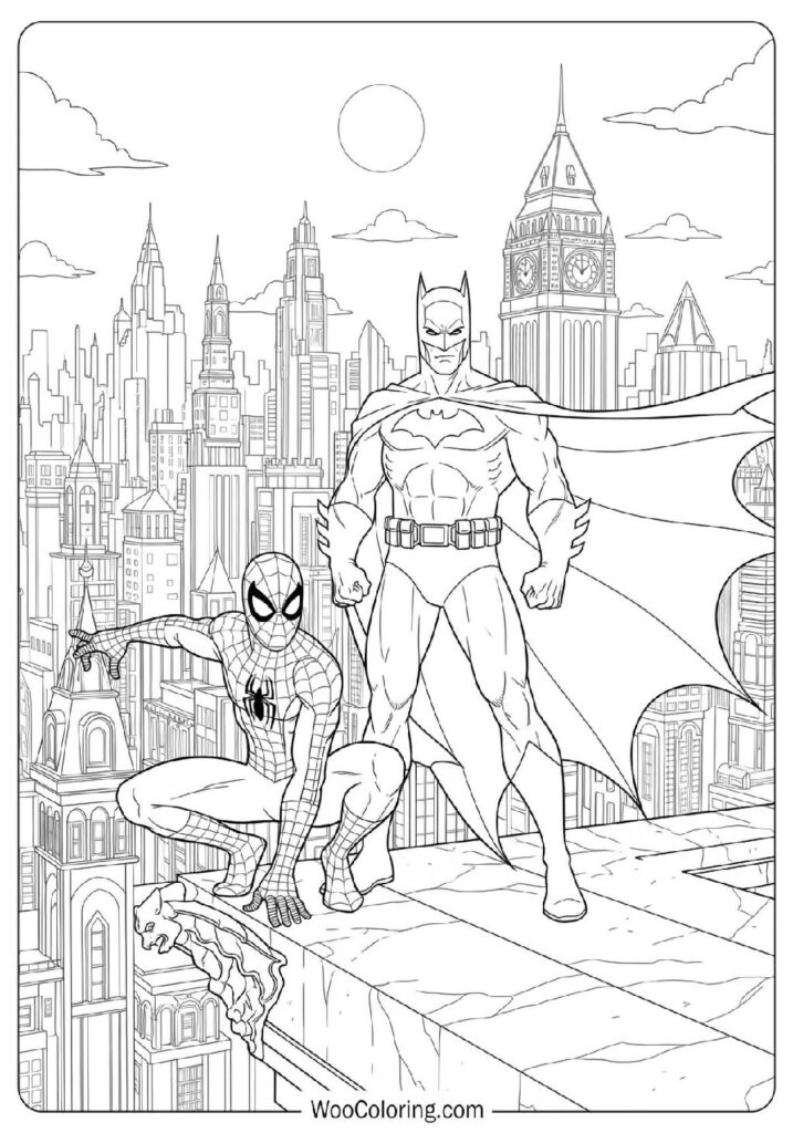 Spiderman and Batman Teaming Up in a Night City Skyline Ready to Protect the Streets