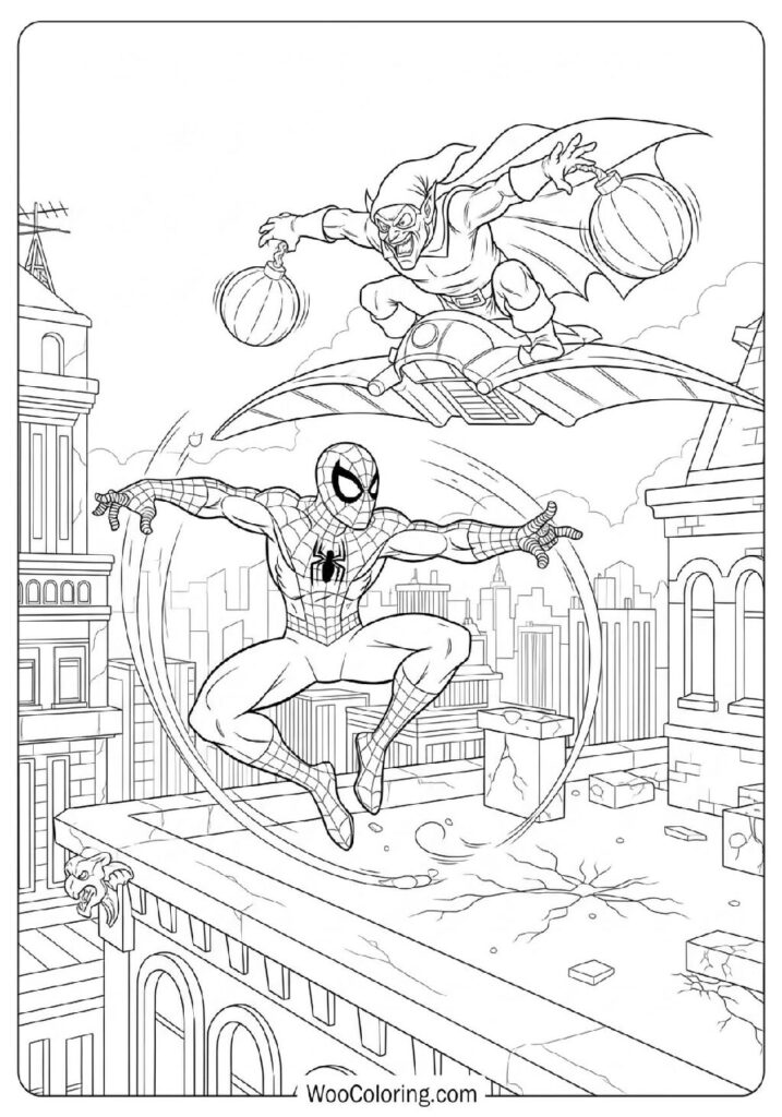 Spiderman and Green Goblin Clashing in an Epic Rooftop Battle