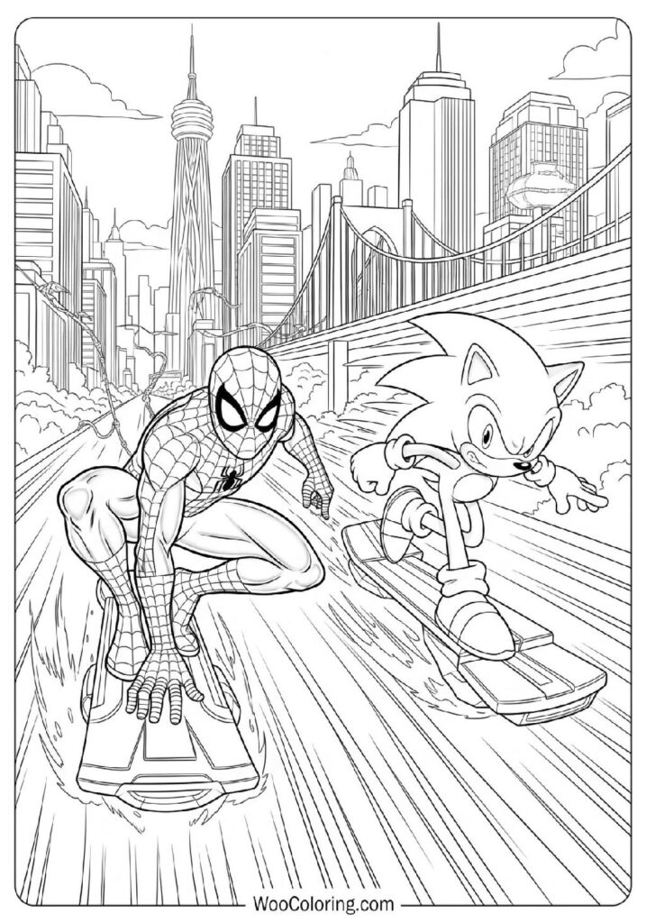 Spiderman and Sonic Racing Side by Side in a Fast Paced Adventure Through the City