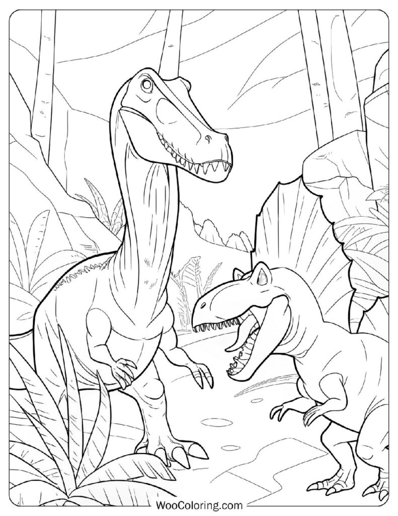 Spinosaurus vs. T-Rex Showdown in the Jurassic Park Coloring Page for Kids