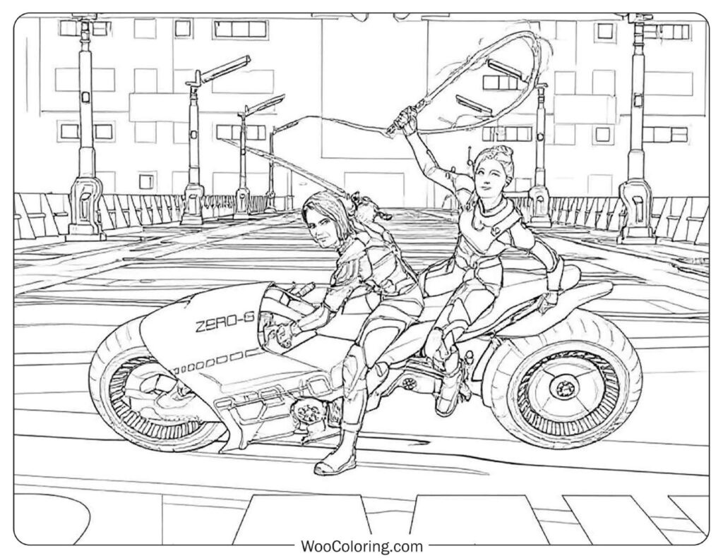Split Fiction Duo on Futuristic Zero-G Bike Coloring Sheet