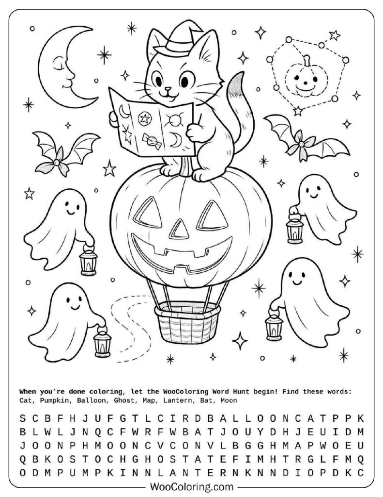Spooky Cute Halloween Cat and Ghost Balloon Coloring Picture