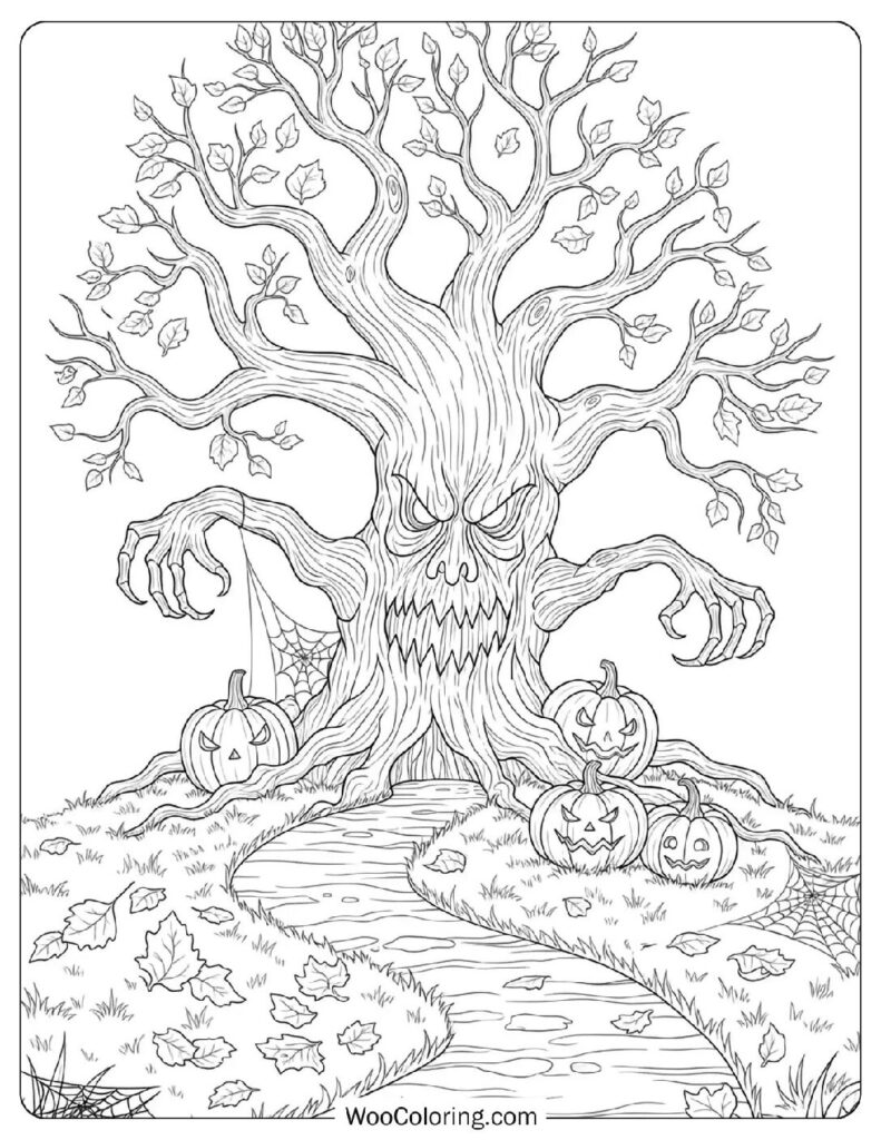 Spooky Haunted Tree coloring page
