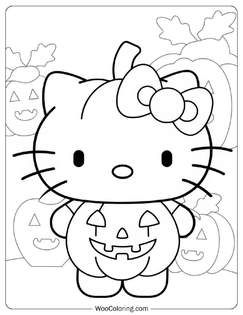 Spooky Jack-O-Lantern Hello Kitty Coloring Page For Kids