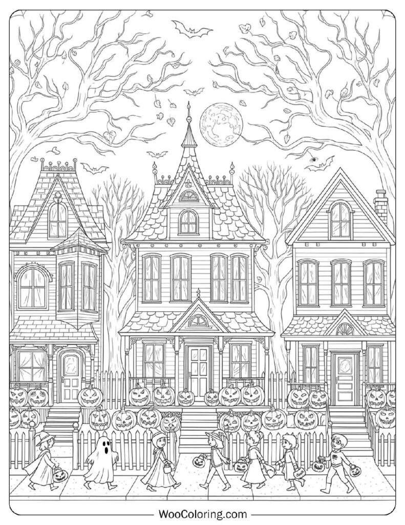 Spooky Neighborhood Street coloring page