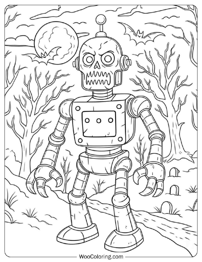 Spooky Robot in Halloween Theme Coloring Page