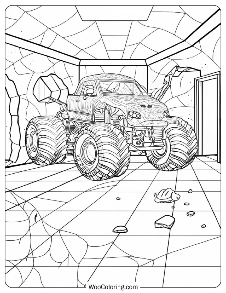 Zombie Monster Truck with Creepy Hands and Glowing Eyes Emerging from the Fog in a Spooky Scene