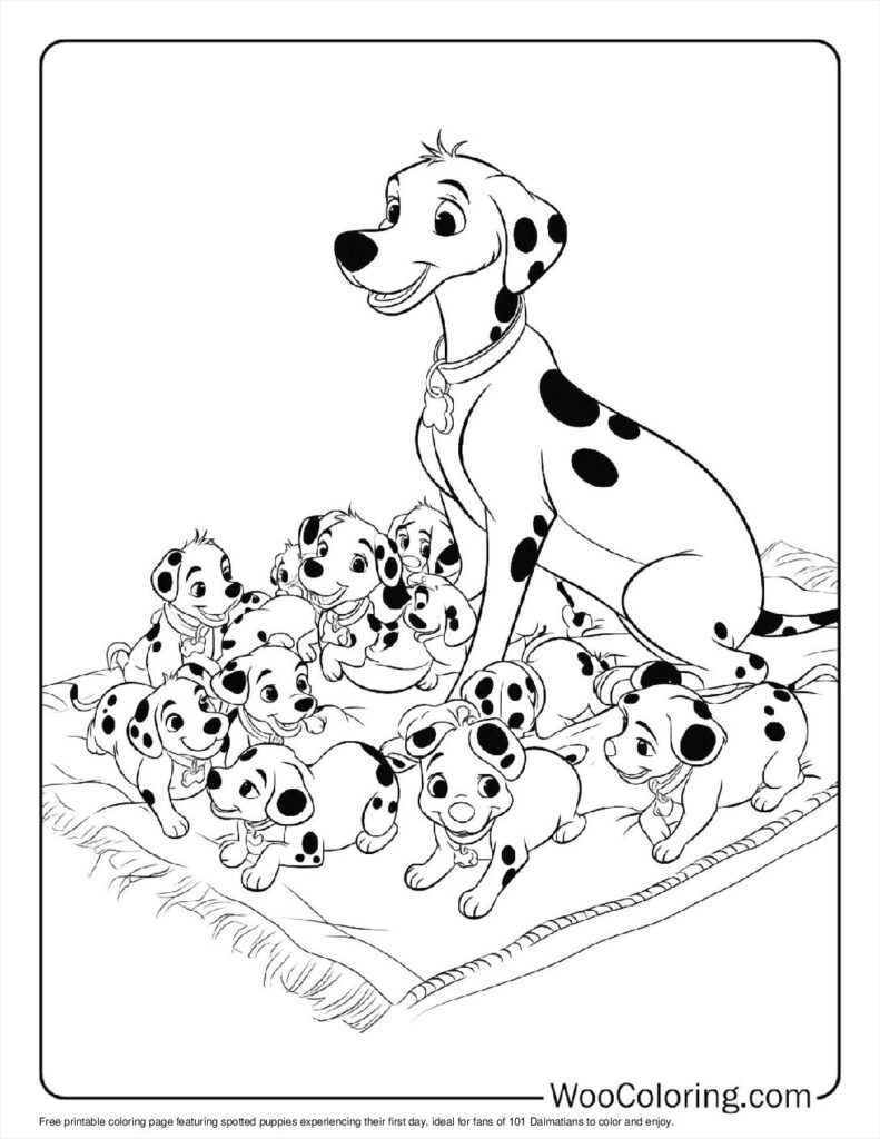 Spotted Puppies’ First Day Coloring Page For Kids