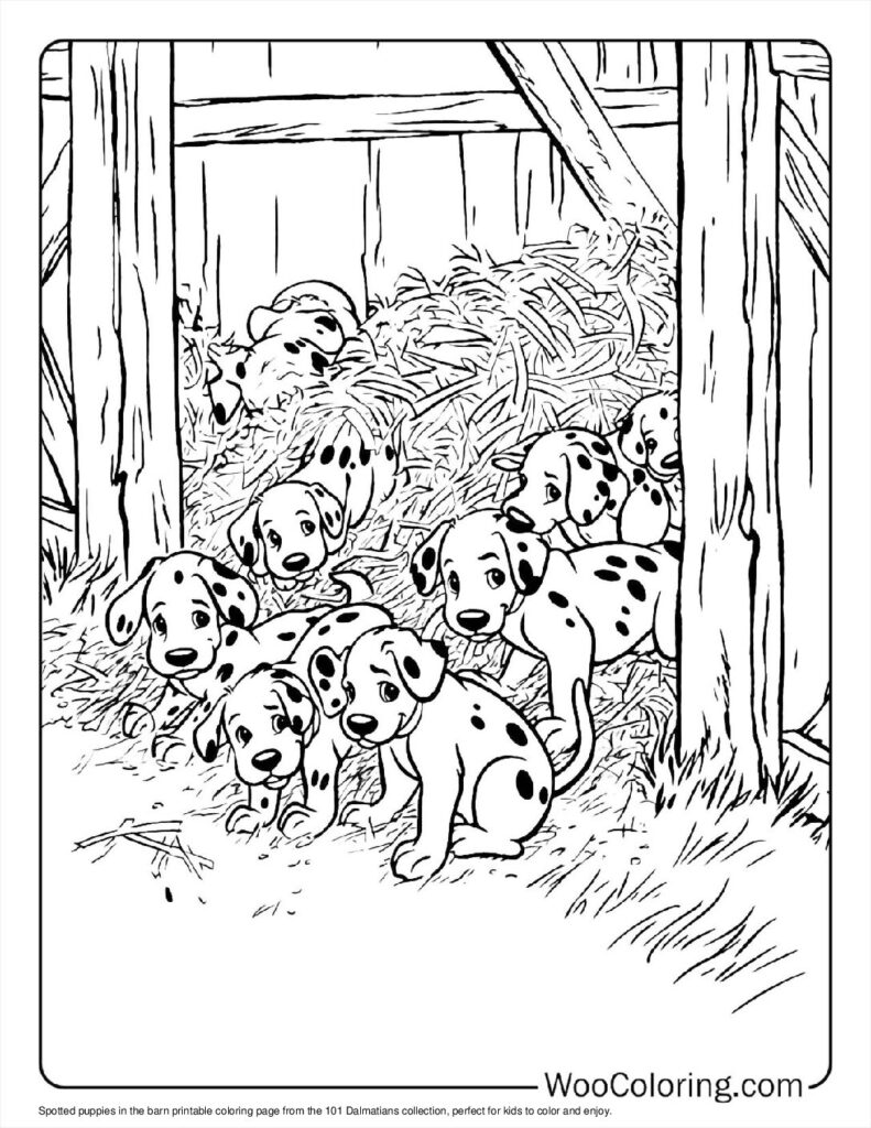 Spotted Puppies in the Barn To Color