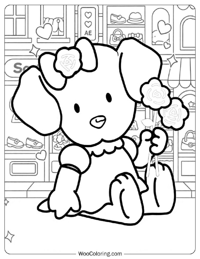 Spottie Dottie stylish Sanrio Dalmatian walking through the pastel city streets