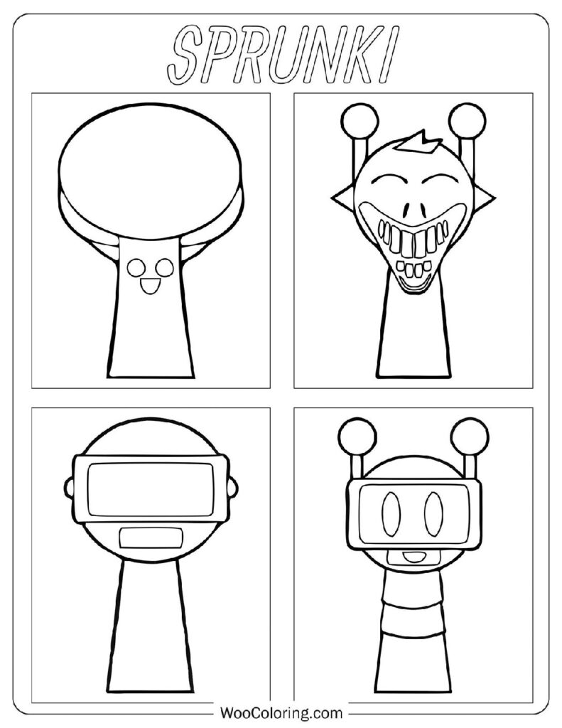Sprunki Coloring Page With Mr. Tree, Simon Horror, Garnold and Fun Bot