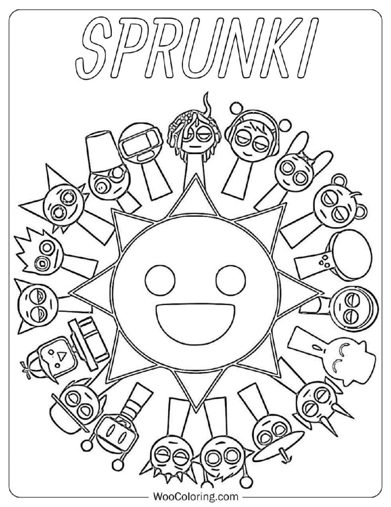 Sprunki Coloring Page with Mr. Sun and All Sprunki