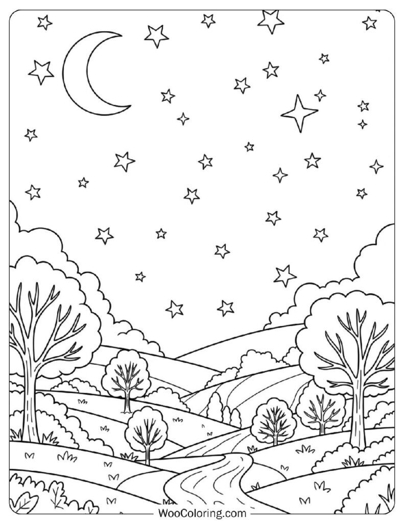 Stars Twinkling Night Sky View Over a Fall Landscape