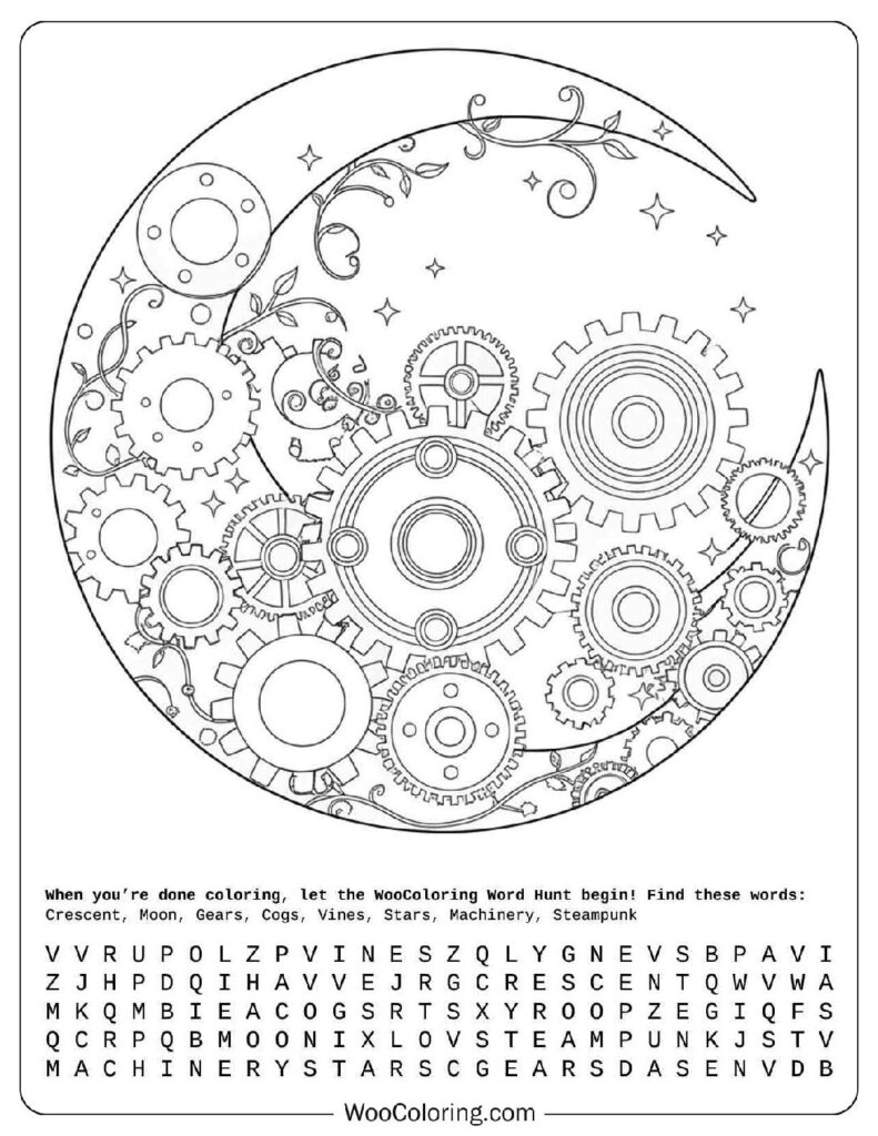 Steampunk Moon with Mechanical Gears Line Art Illustration