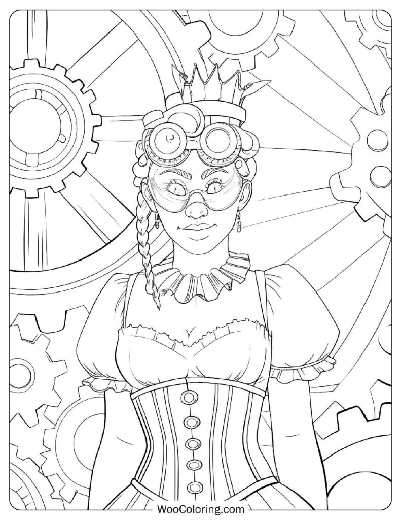 Steampunk Princess of Gears and Gadgets Coloring Page For Preschoolers