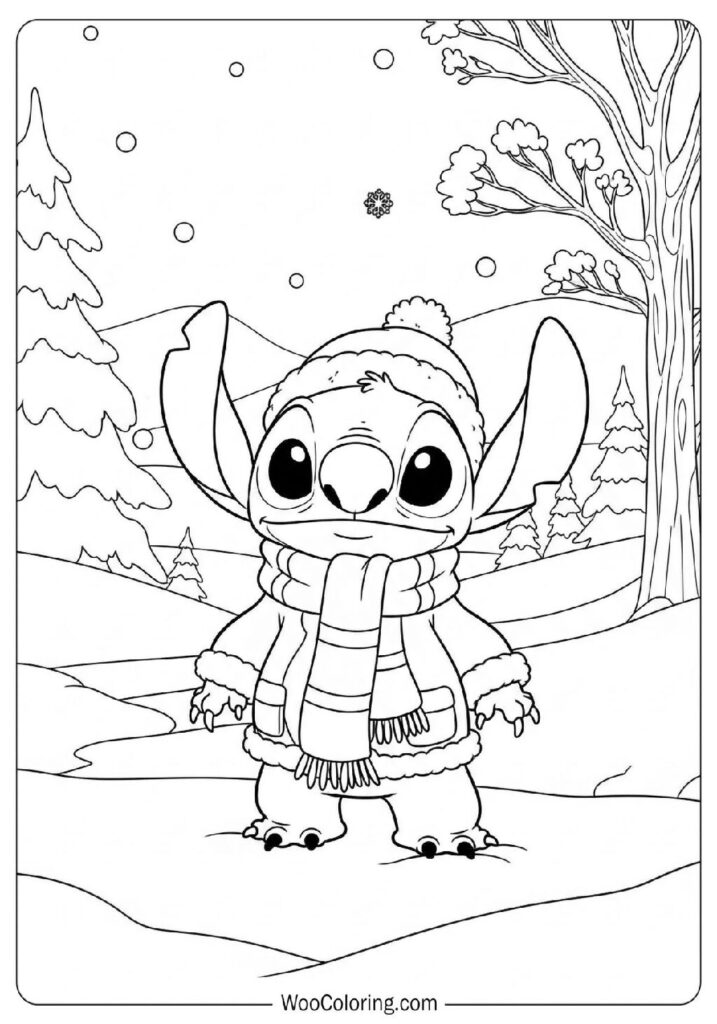 Stitch Dressed in Cozy Scarf and Coat Standing in a Peaceful Wonderland Coloring Picture