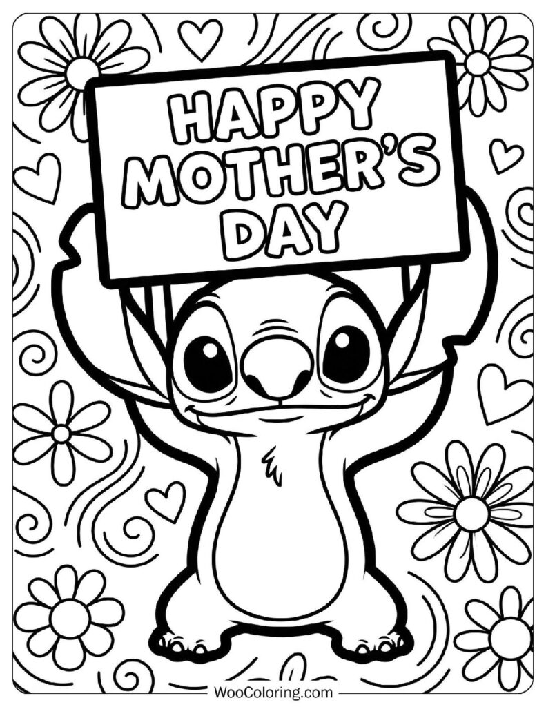 Stitch Holding a Happy Mother’s Day Sign Coloring Sheet for Preschoolers
