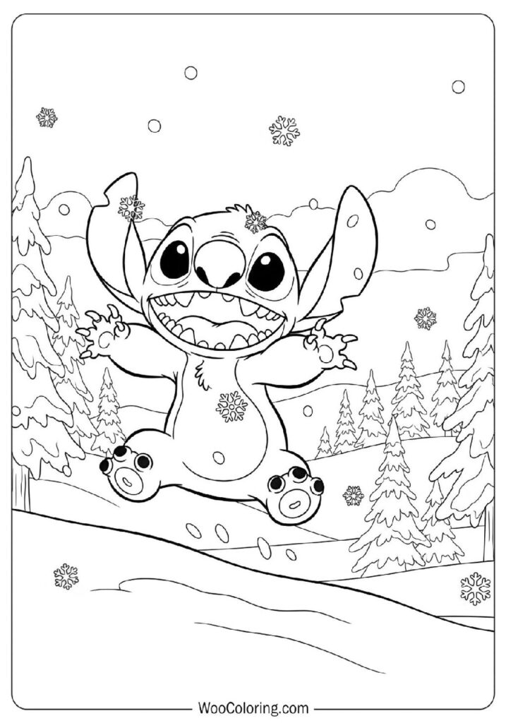 Stitch Jumping Around and Playing Happily in the Snow