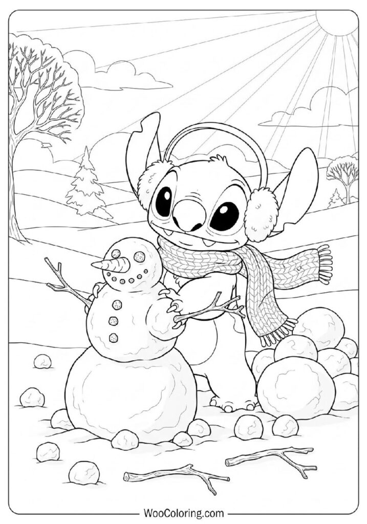 Stitch Rolling Snowballs While Building a Snowman on a Bright Afternoon Coloring Page