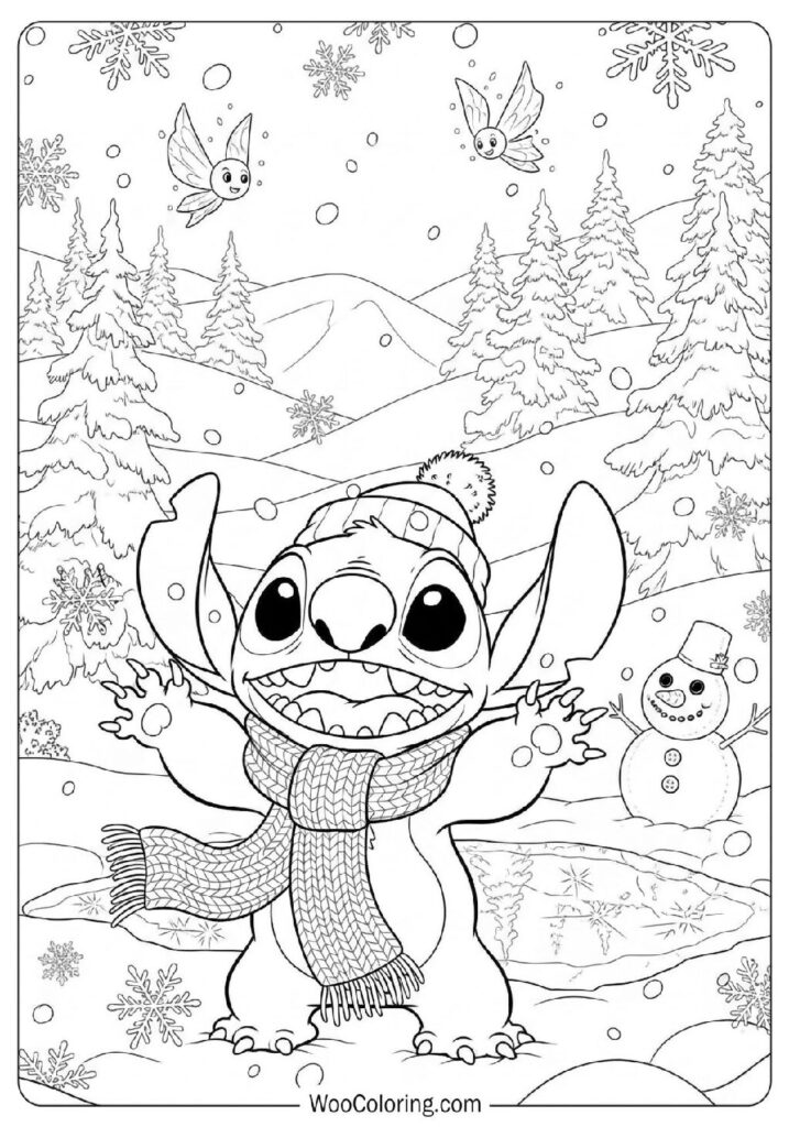 Stitch Surrounded by Snowy Magic Enjoying the Beauty of a Cold Day