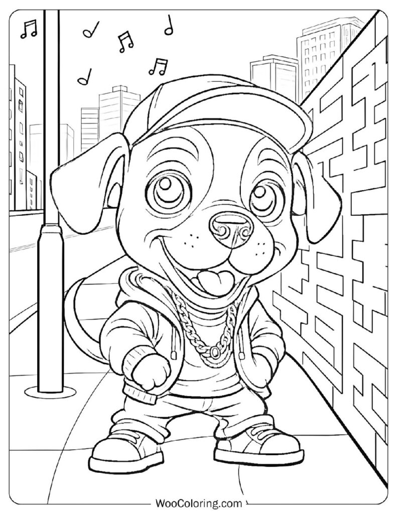 Trendy Street Dog Wearing a Hoodie and Chains Walking Through a Busy City