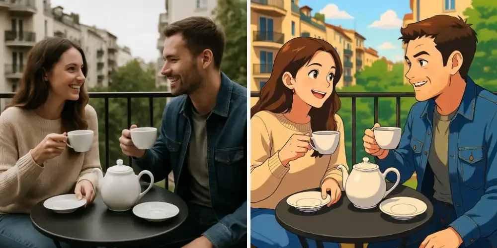Couple drinking tea photo transformed into Studio Ghibli style anime art