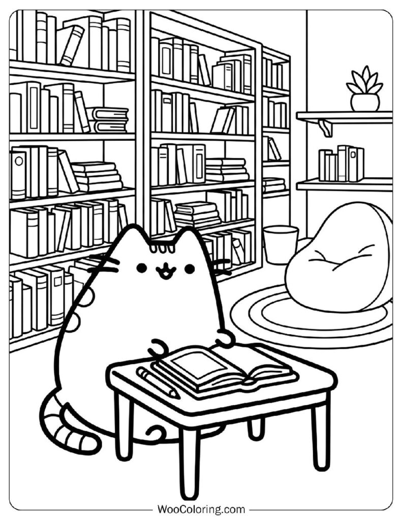 Study Room Setup with Bookshelves and Calm Focus Area Coloring Sheet for Preschoolers