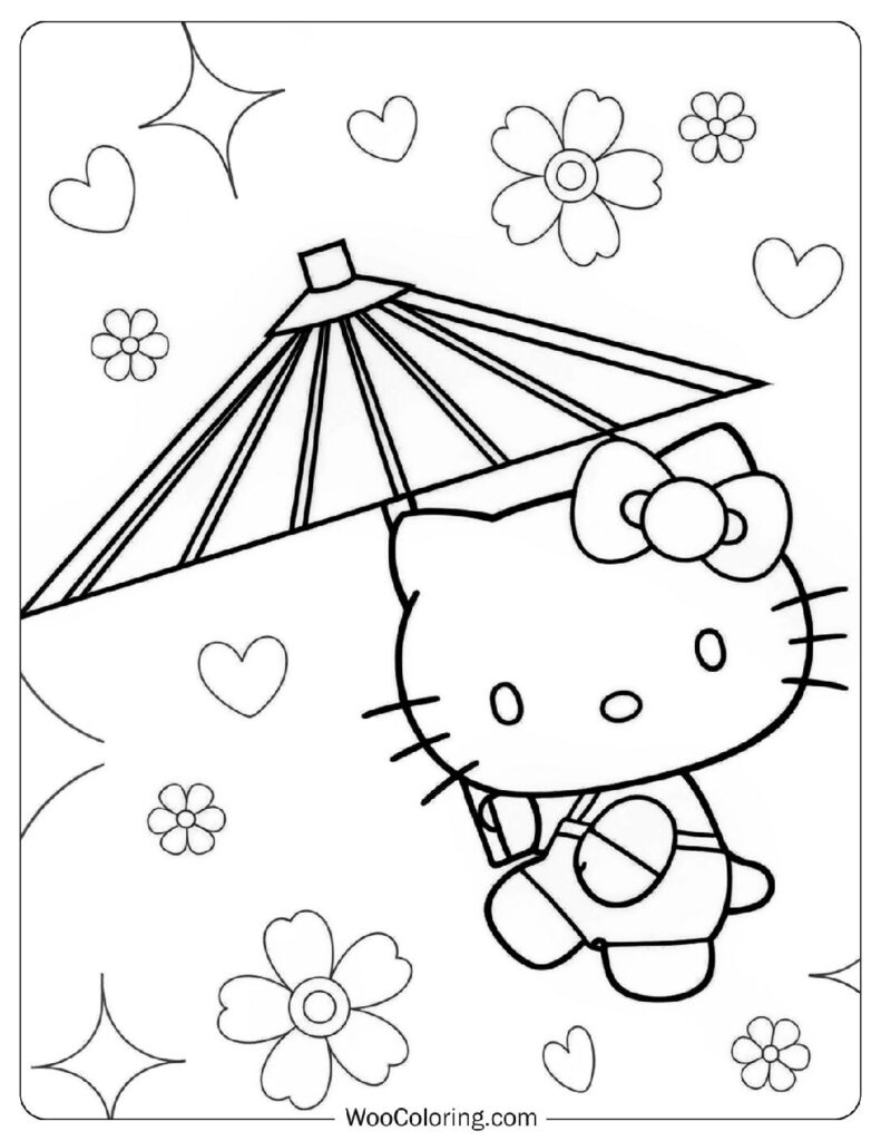 Stylish Hello Kitty Using Parasol Coloring Sheet