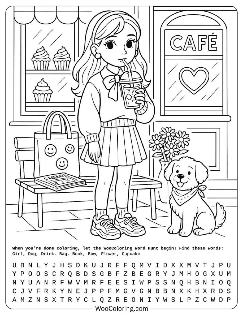 Stylish Preppy Girl Outside Café with Iced Coffee Picture to Color