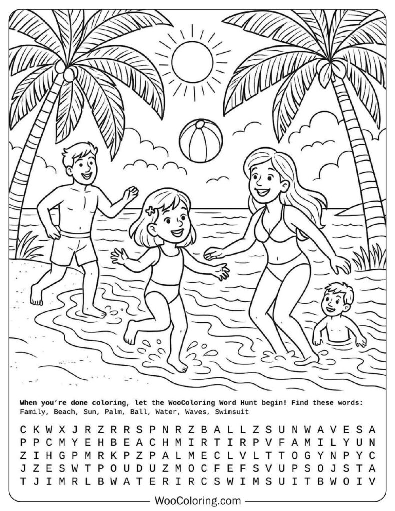 Family enjoying beach with sun, palm trees and waves in a fun summer coloring page illustration