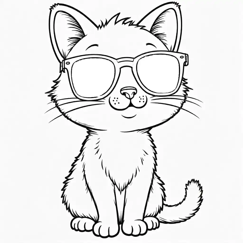 Summer cat with sunglasses coloring page black and white line drawing