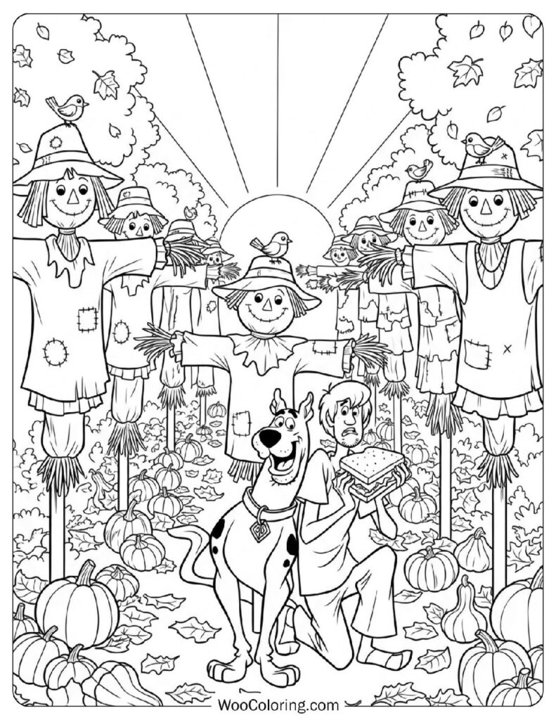 Sunlit Scarecrow Alley Fall Coloring Page for Preschoolers with Scooby Doo and Shaggy