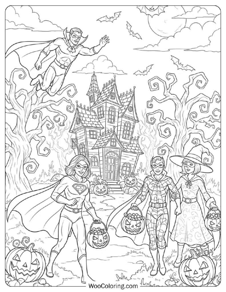 Superhero Halloween Heroics coloring page