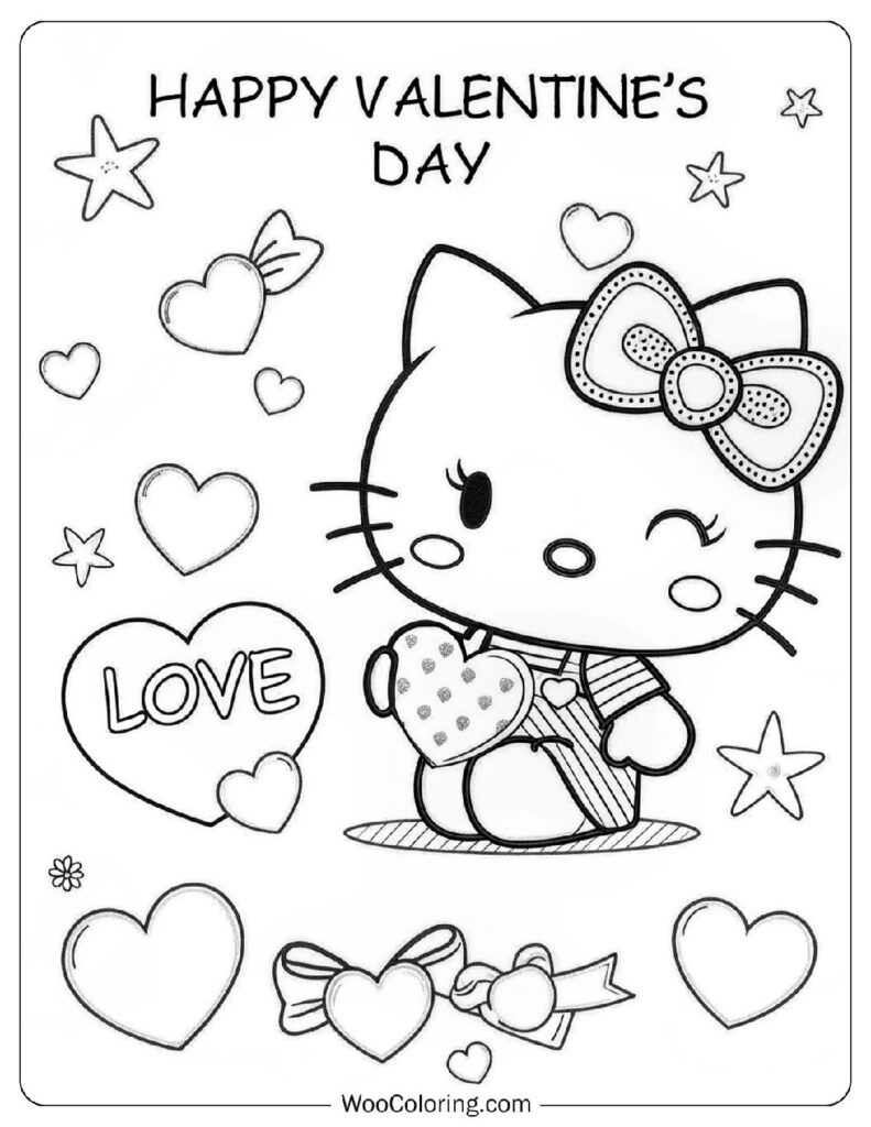 Sweet Hello Kitty With Valentine's Day Card Coloring Page